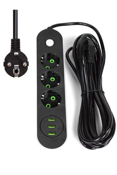 TeknoClass 5 Metre Akım Korumalı 3'lü Grup Priz Ve 3'lü Usb Şarj Aleti 2500 Watt
