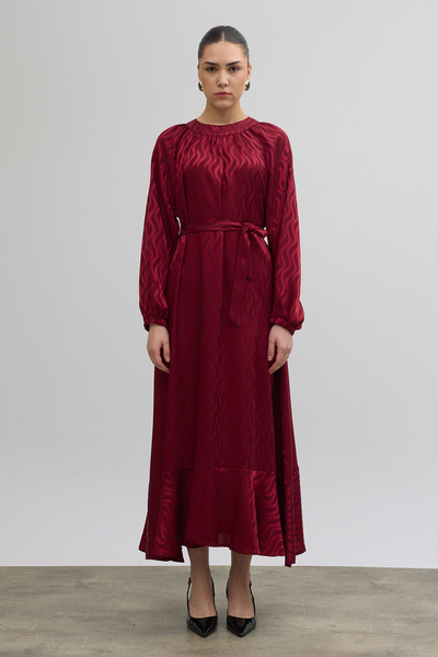 VAVİNOR Kuşaklı Jakar Elbise - Bordo