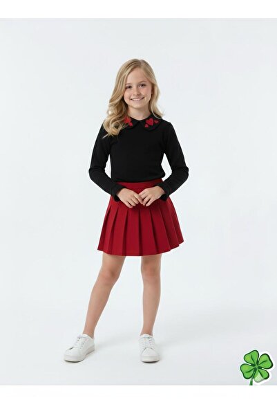 Lucky kidswear KALP DETAYLI GÖMLEK,PLİSELİ ETEK ALT ÜST KIZ TAKIM