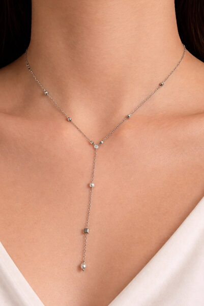 Kokoş Silver Color Pearl Detailed Steel Y Necklace