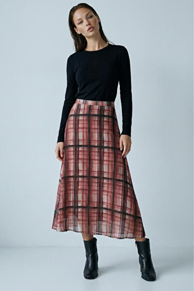 Madmext Brown Checkered Chiffon Women's Skirt Mg2678