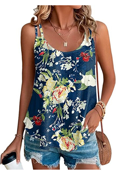 OEM Women's casual sleeveless summer T-shirt, blue floral S