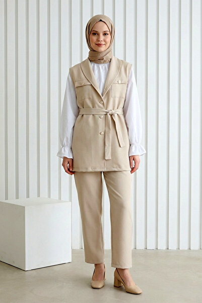 Kirazgym Women's Vest Blouse Trousers 3-Piece Set Combination - Beige
