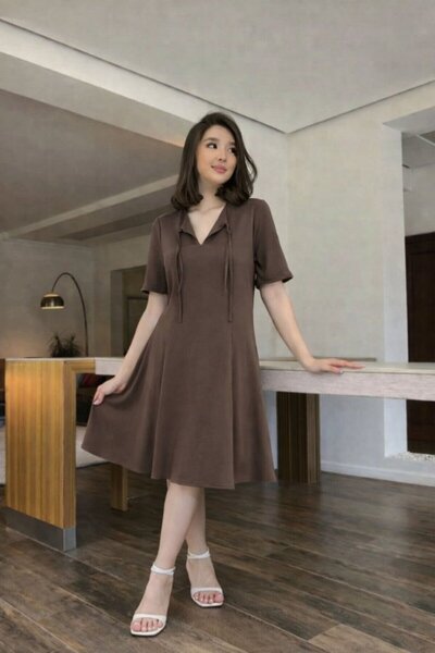 civetta Short Sleeve Collar Lace Detail Atlas Fabric Dress