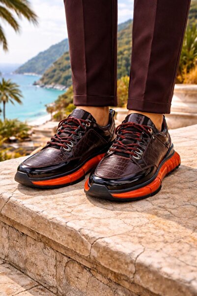 PATRICK CASSA Men's Brown Patent Leather Crocodile 100% Calf Leather Sneaker ...