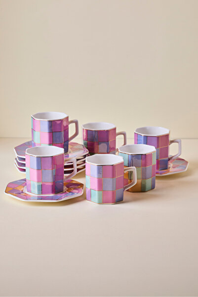 Perotti Antik 12 Parça 6 Kişilik Renkli Patchwork Porselen Kahve Fincanı Takımı