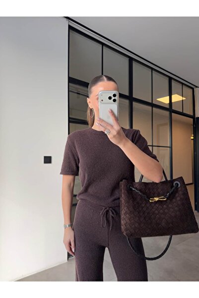 BB Bensu Buyruk Short Sleeve Basic Knitwear Set Brown