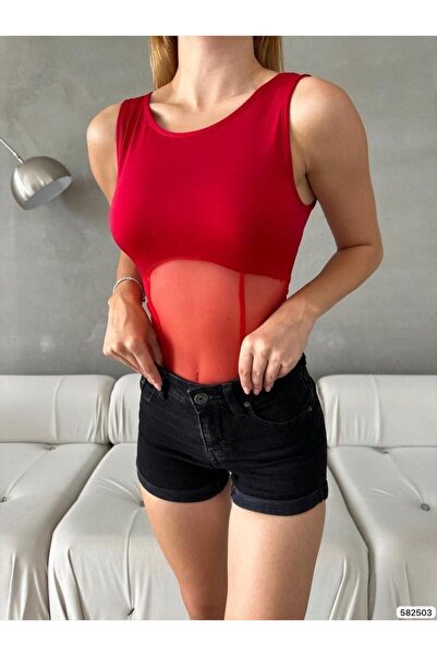 Modafeminen Red Tulle Detailed Sleeveless Bodysuit 582503