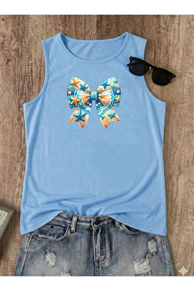 SUNFREE Yaz Beach Ribbon Summer Printed Summer Sleeveless Crew Neck Women's T...