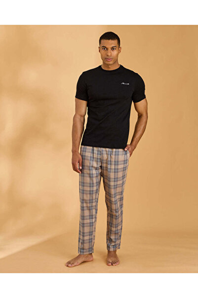 REDTAG Men Check T-Shirt With Woven Long Pant Pyjama Set