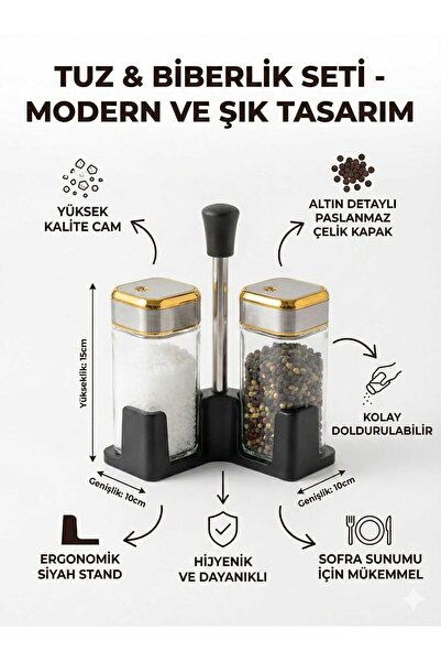 LOVYCO Gold Detailed 2-Piece Glass Salt and Pepper Shaker Set with Stand - Lu...