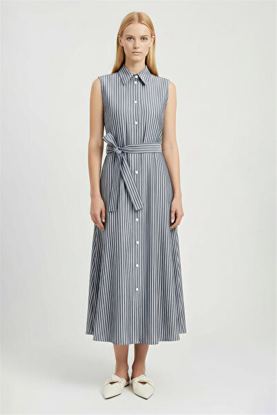 Perspective Navy Blue Striped Shirt Collar Above Knee Dress