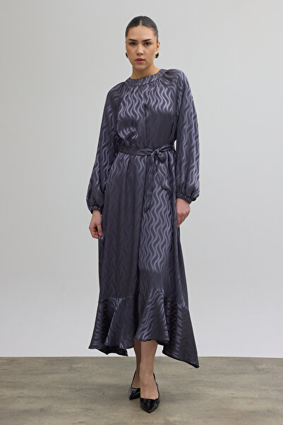 VAVİNOR Kuşaklı Jakar Elbise - Gri