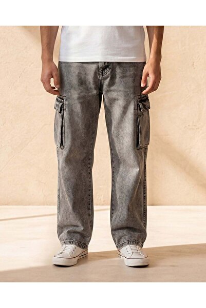 REDTAG Men Charcoal Cargo Denim Jeans