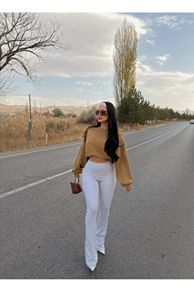 kırmızı butiks Γκρι ριμπ κολάν με ψηλή μέση