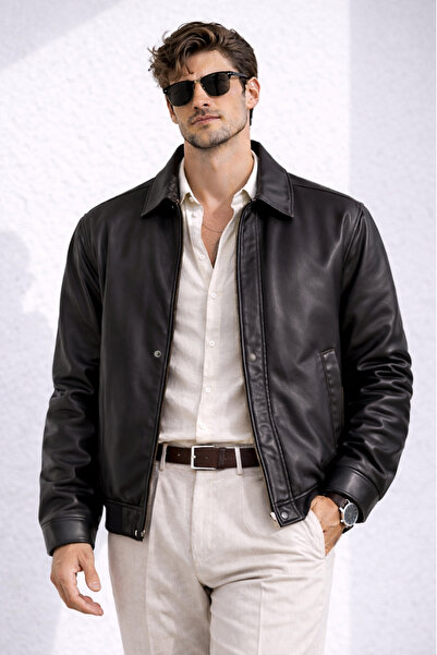 freemen Men's Black Faux Leather Bomber Oversize Jacket with Elastic Waist an...