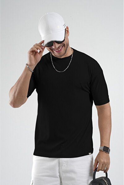 Butik Trend Biz Half Oversize Ribbed Flexible Textured Men's T-Shirt