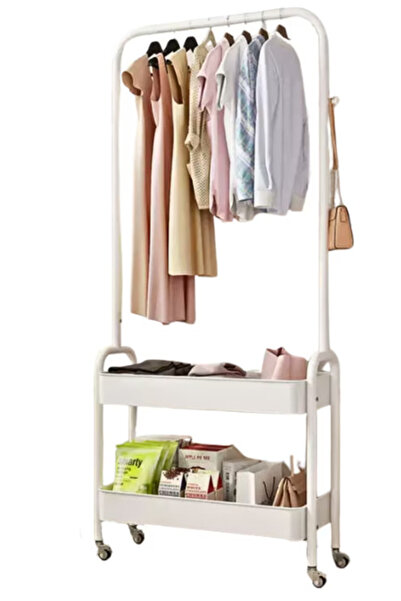 OEM Portable carbon steel hanger and clothes rack 2 shelves 2 hooks 4 wheels