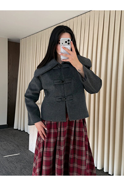 Laluvia Anthracite Button Detailed Short Cashmere Jacket - 7675