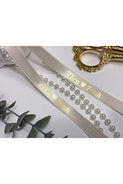 lafazan Dökülmeyen İncili Krem Saten Yüzük Kurdelesi Gold Baskılı Kişiye Özel...