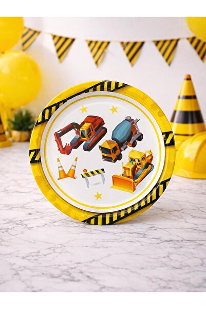 Parti Adresi İnşaat Temalı Karton Tabak İş Makineleri Desenli Doğum Günü Taba...