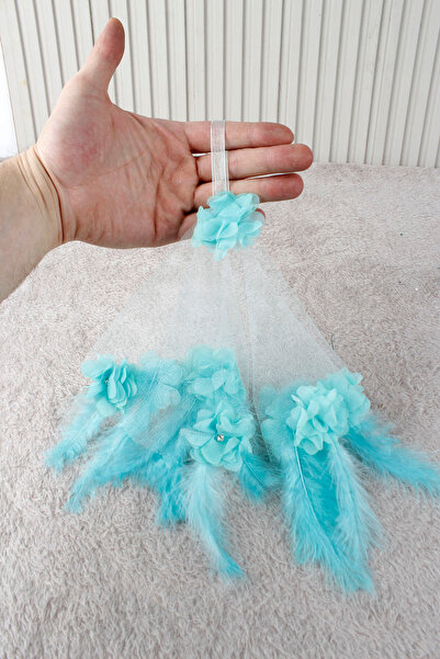 Mortex Mint Yeşili Üç Boyutlu Çiçek Tüy Taş Süslemeli Gelin Damat El Halay Me...