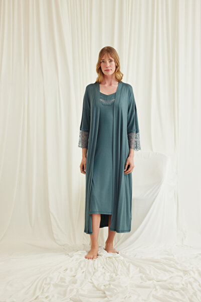 MONAMİSE Women'S, Green, Viscose, Low-Cut, Lace Collar and Sleeves, Robe Set