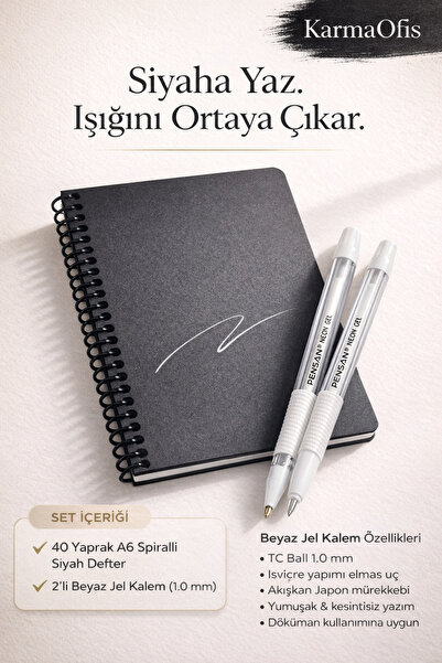KarmaOfis Siyah Sayfalı A6 Defter + 2’li Beyaz Jel Kalem Seti | Premium Yazım...