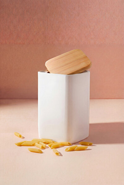 GÖNÜL Bambu Kapaklı Porselen Kavanoz 10,2x10,2x17,8 cm, Çok Amaçlı Mutfak Sak...