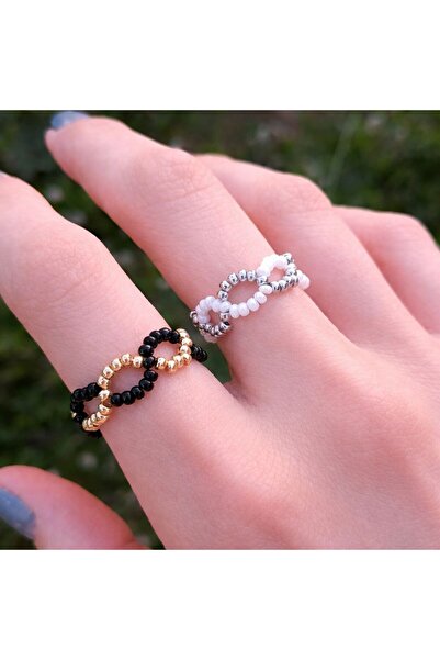 Shiklik 2-Piece Handmade Beaded Chain Ring Set - Black Gold and White Silver ...