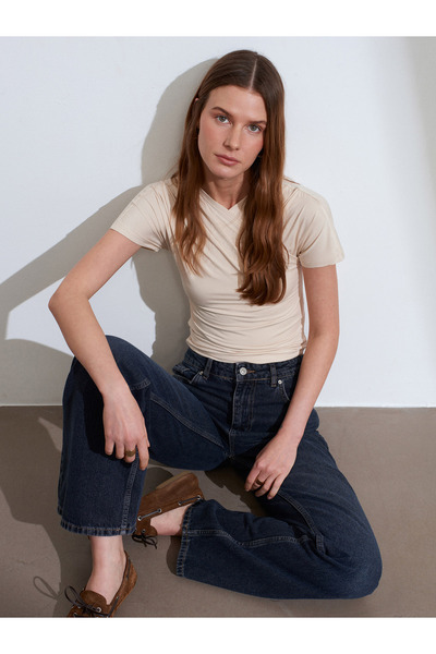 Dilvin 32659 Drapeli Short Sleeve Top-Stone