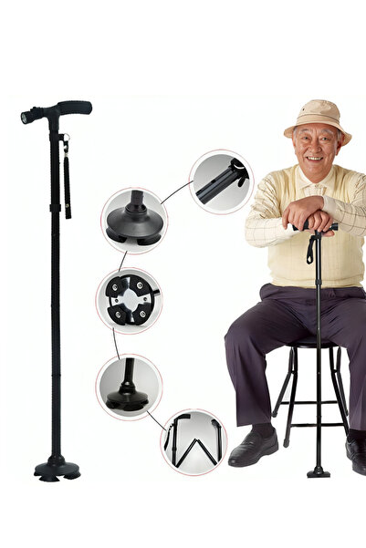 Generic Five-Section Folding Crutch with LED Light, Adjustable Telescopic Wal...