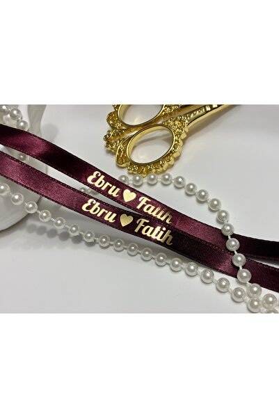 lafazan Dökülmeyen İncili Bordo Saten Yüzük Kurdelesi Gold Baskılı Kişiye Öze...