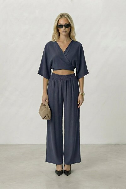 VAGGON Double-Breasted Collared Blouse and Pants Set