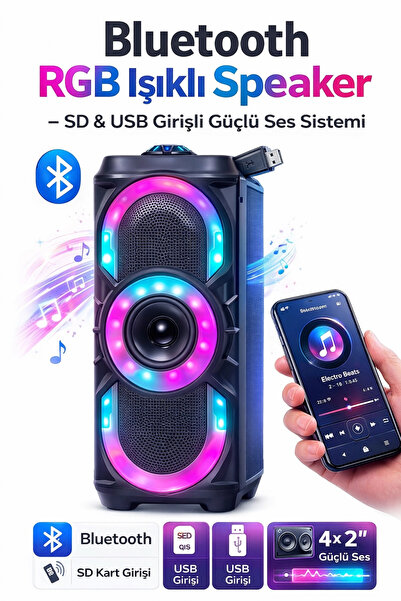 jetucuzal PL-4525 Bluetooth RGB Işıklı Speaker 4x2” – SD & USB Girişli Güçlü ...
