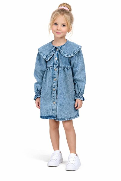 WİKİBOOM Girl's Blue Denim Dress – Buttoned Jean Dress with Ruffle Collar Det...