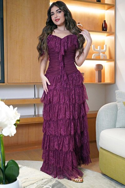 Opera Fashion فستان طويل اوف شولدر برغندي قماش دانتيل