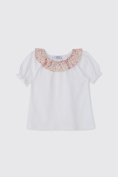 Panço Kız Çocuk Fırfır Yaka Ekru Tişört