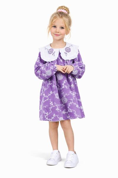 WİKİBOOM Girl's Lilac Patterned Dress - Stylish Children's Dress with White C...