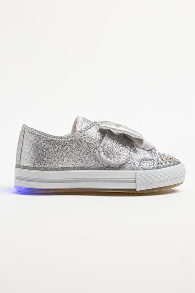 Pabuçland İç Tabanı Ortopedik Kız Çocuk Günlük Taşlı Fiyonklu Işıklı Spor Babet