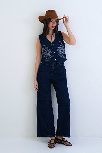 VAGGON Embroidered Denim Vest and Denim Trousers Set