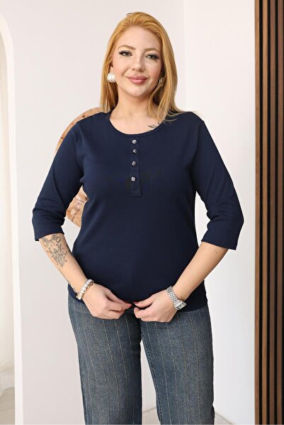 Siyezen Plus Size Patched Cotton Lycra Capri Sleeve Blouse