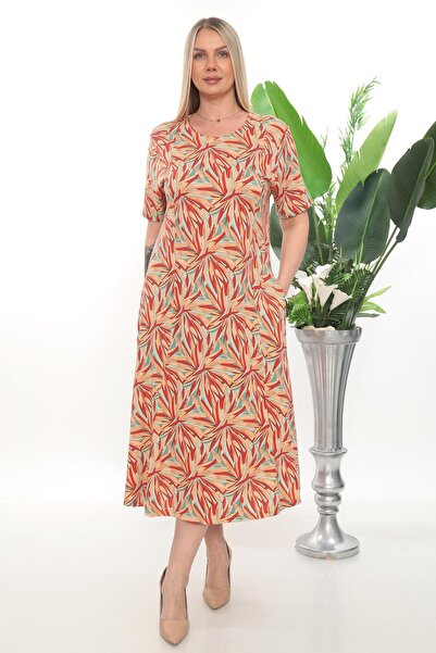 STELLETO Vibrant Leaf Patterned Casual Summer Modal Midi Dress with Segmented...