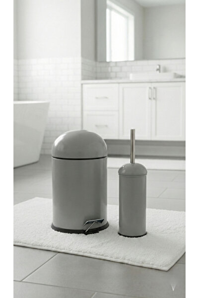 Bürke Metal Bon Kapak 5 Lt Gray Trash Can with Shock Absorber Toilet Brush Ba...