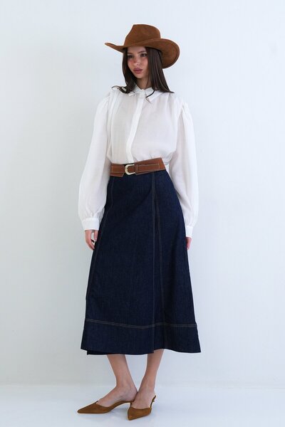 VAGGON Belted Long Denim Skirt