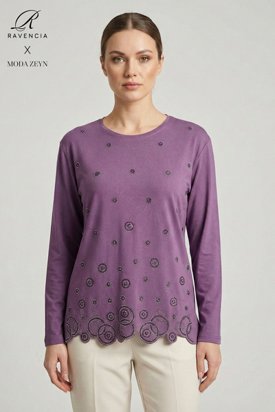 Ravencia Women's Ring Patterned Collar and Skirt, Stone Embroidered, Slit, Ly...