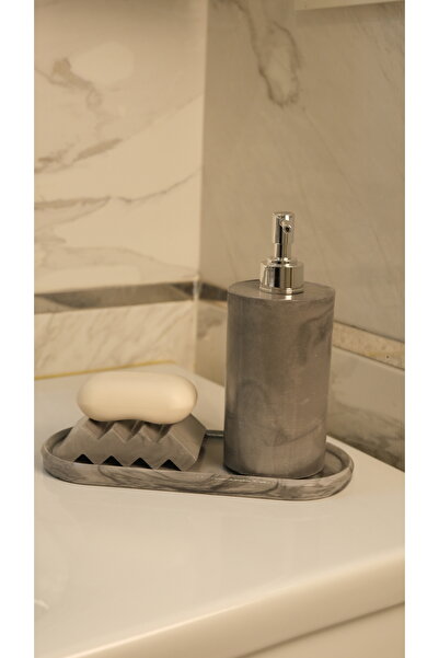 BeeCandleHome GRİ MERMER DESENLİ 3 LÜ BANYO SETİ - GÜMÜŞ RENK POMPA