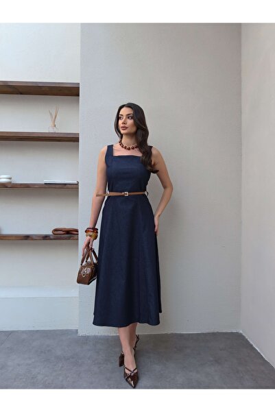 ESRAHELVACI Square Neck Belted Midi Dress
