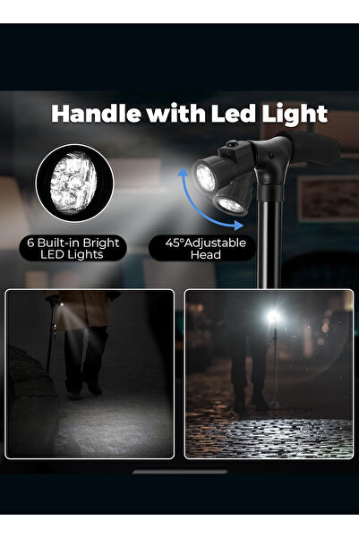 Generic Five-Section Folding Crutch with LED Light, Adjustable Telescopic Wal...