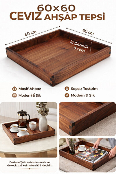 blanch 60x60 Ceviz Ahşap Tepsi – 9 cm Derinlik – Sapsız Büyük Boy Servis ve D...